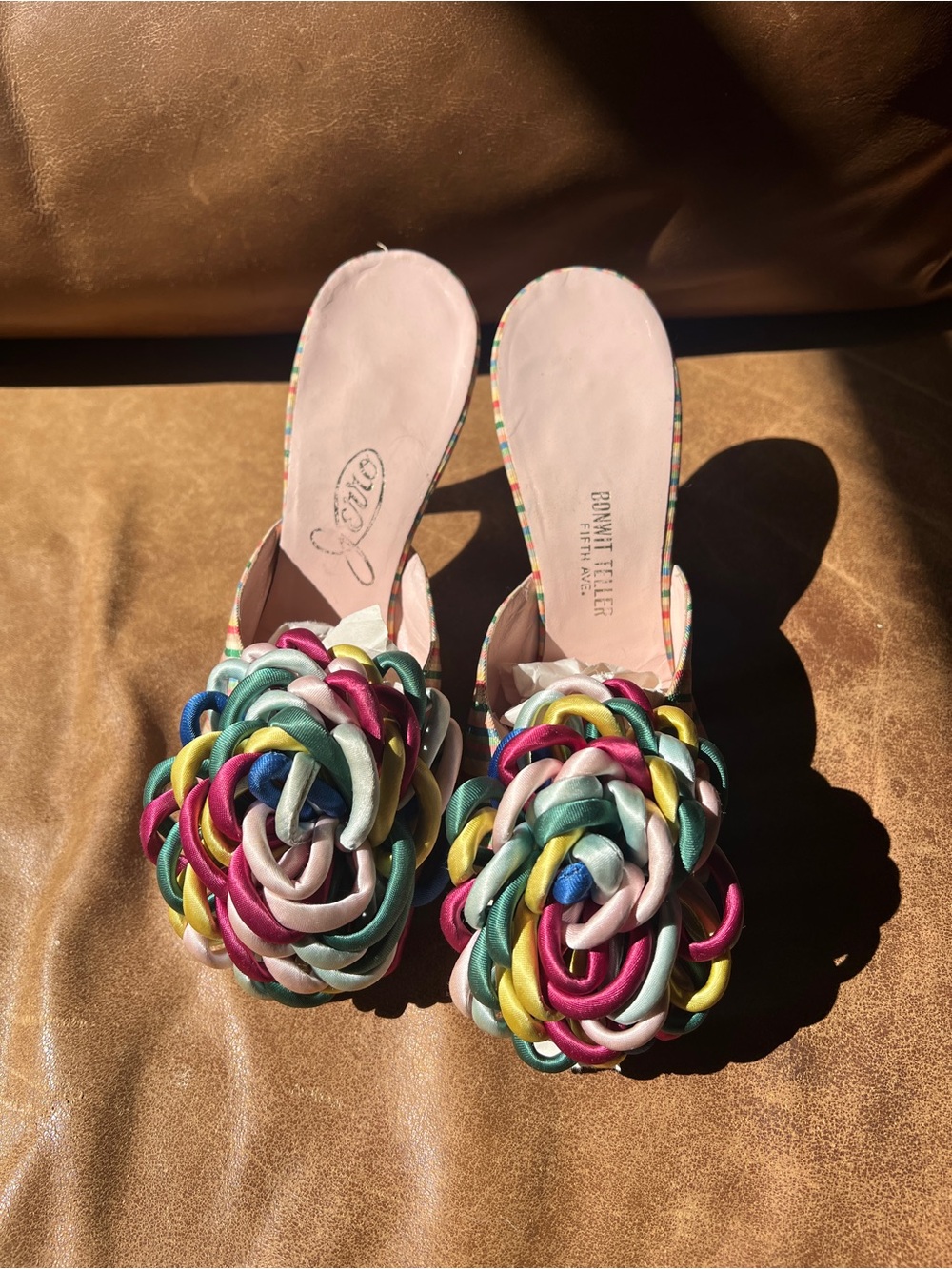 1930s VINTAGE silk Multicolor Braided Flower Slide Heels - size 7